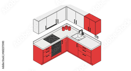 Corner kitchen layout with red cabinets and appliances