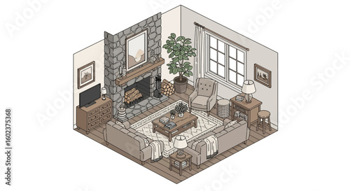 Cozy living room interior with fireplace and comfortable seating