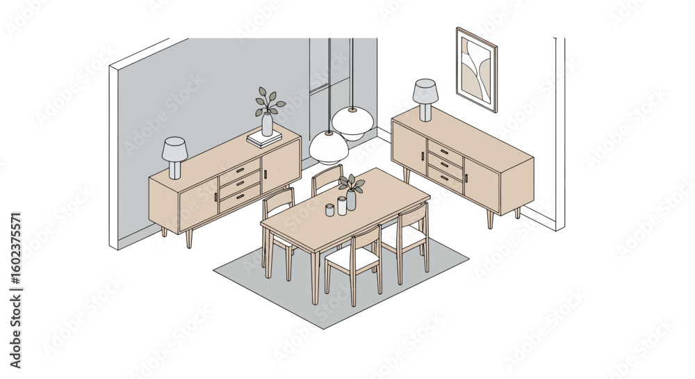 Dining room interior with furniture and decor Dining room interior with furniture and decor