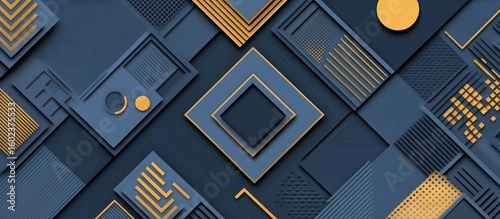 Geometric shapes, navy blue and gold, abstract background