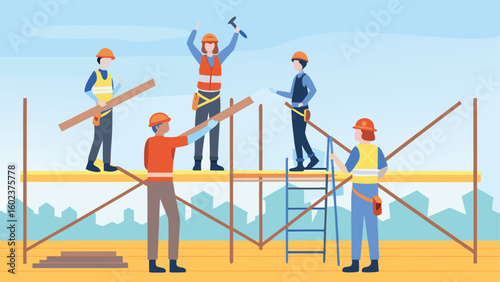 Construction workers on scaffolding with lumber and tools in front of a city skyline background