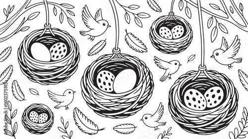 Birds nests with eggs and flying birds on branches with leaves and feathers vector