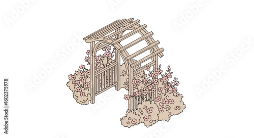 Garden archway with climbing flowers, rustic wooden structure
