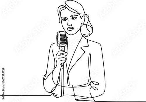Continuous one line drawing of beautiful female reporter holding microphone in minimalist vector style for media and journalism

