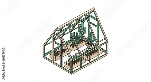 Greenhouse with cacti and plants, indoor gardening