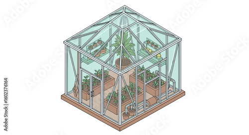 Greenhouse with plants, potted flowers, and gardening tools