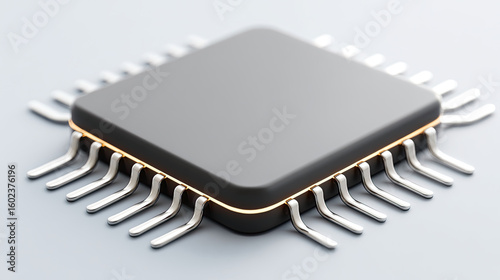 Microchip with metallic pins on light surface, close up view