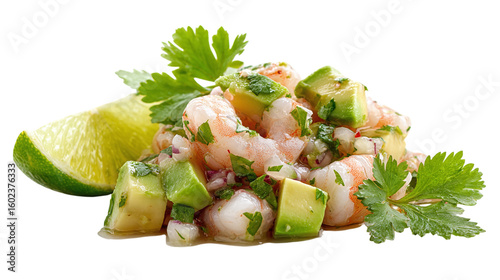 Fresh shrimp ceviche with lime, cilantro, and avocado isolated on transparent background 