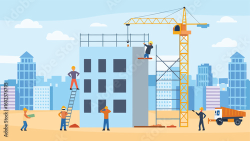 Illustration of construction site with workers crane and building under construction in urban landscape