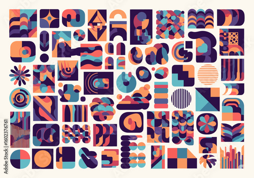 Abstract graphic design featuring a variety of colorful geometric shapes and patterns.