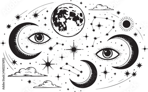 Celestial bodies and eyes in black and white moon crescent moon