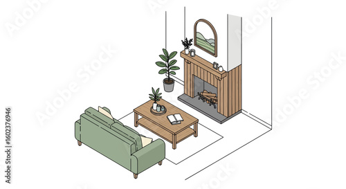 Living room interior with fireplace and sofa arrangement