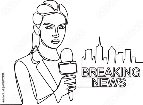 Continuous one line drawing of beautiful female reporter holding microphone in minimalist vector style for media and journalism

