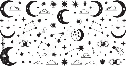 Celestial bodies and mystical eyes in black and white moon crescent moon