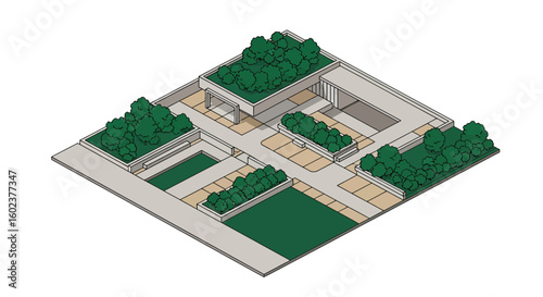 Modern garden layout with greenery and concrete planters