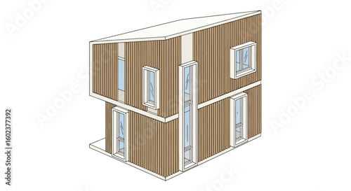 Modern house facade with wooden cladding and windows