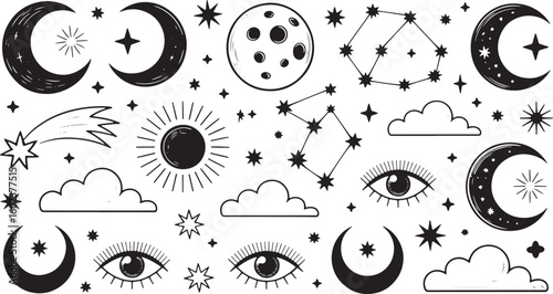Celestial bodies and mystic eyes in black and white moon crescent moon