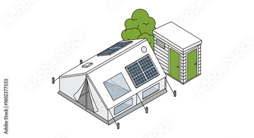 Modern house with solar panels and garden shed