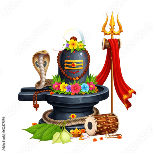 Divine Shivling with Trishul, Cobra, Rudraksha Mala, and Damru – Symbol of Lord Shiva's Power and Spiritual Energy, PNG file on transparent background 