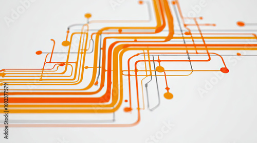 Abstract orange and gray circuit lines white background with
