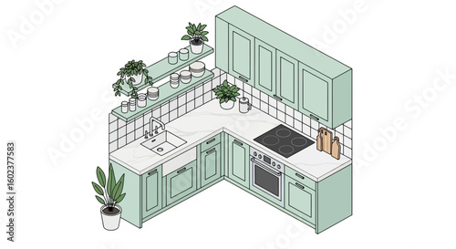 Modern kitchen corner with plants and appliances