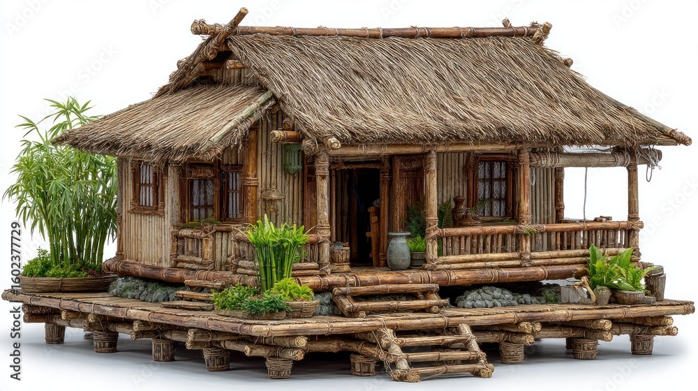 Rustic bamboo hut on stilts, showcasing traditional architecture and natural materials Rustic bamboo hut on stilts, showcasing traditional architecture and natural materials