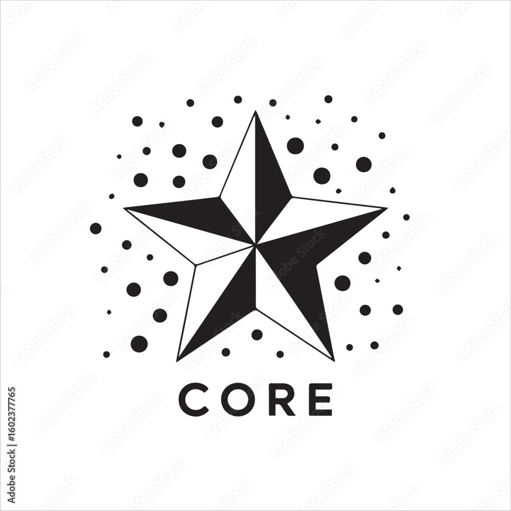 Obraz premium Black and white star with scattered dots and the word core