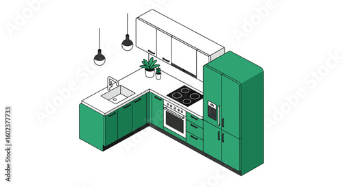Modern kitchen layout with green cabinets and appliances