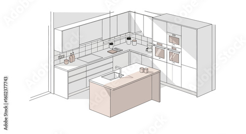 Modern kitchen layout with island and appliances