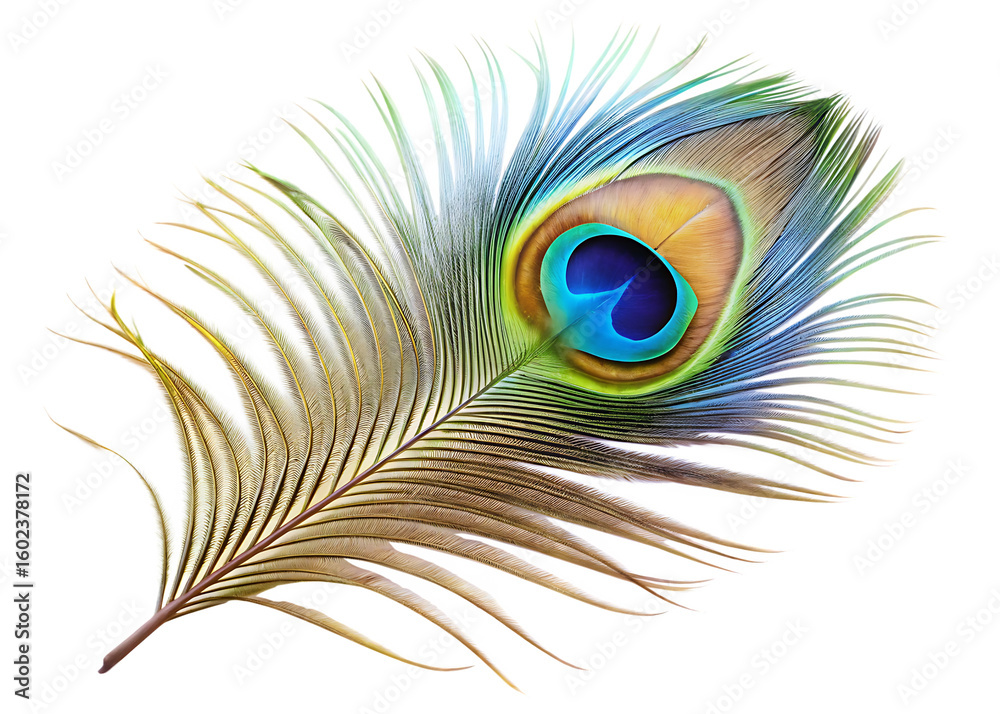 Fototapeta premium ethereal elegance a majestic peacock feather isolated on white background PNG, AI GENERATED