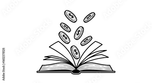 Open book with flying coins illustration in black and white for finance concept