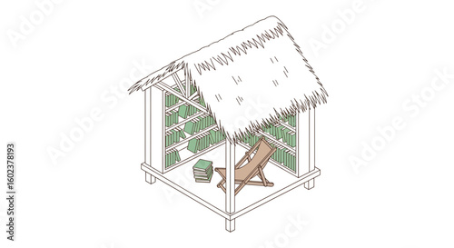 Outdoor reading nook with books and chair under thatched roof