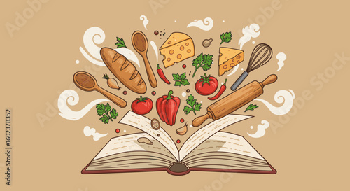 Open cookbook with food ingredients and utensils, culinary mood, colorful illustration