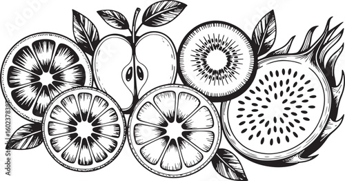 Citrus apple kiwi dragon fruit slices with leaves vector