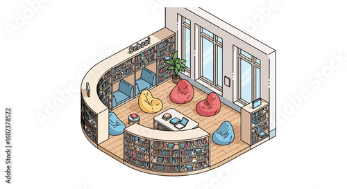 School library interior with beanbag chairs and bookshelves