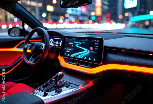 Car interior with digital dashboard display and illuminated accents in a city at night