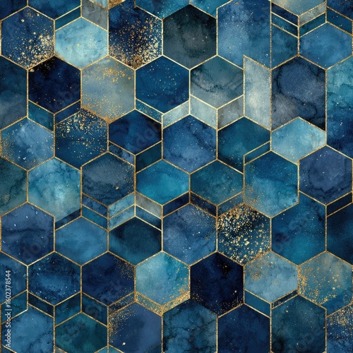 Geometric watercolor hexagon pattern in deep blues and gold, featuring a textured, metallic effect