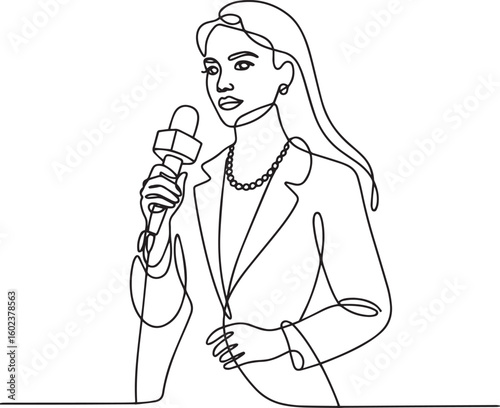 Continuous one line drawing of beautiful female reporter holding microphone in minimalist vector style for media and journalism

