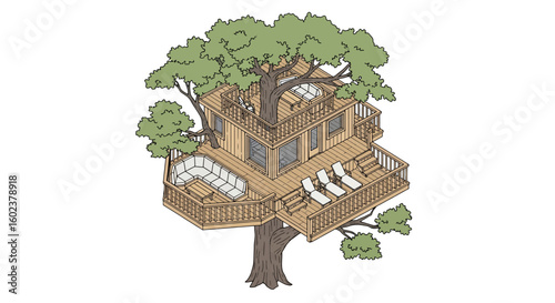 Treehouse dwelling in a large tree, cozy home