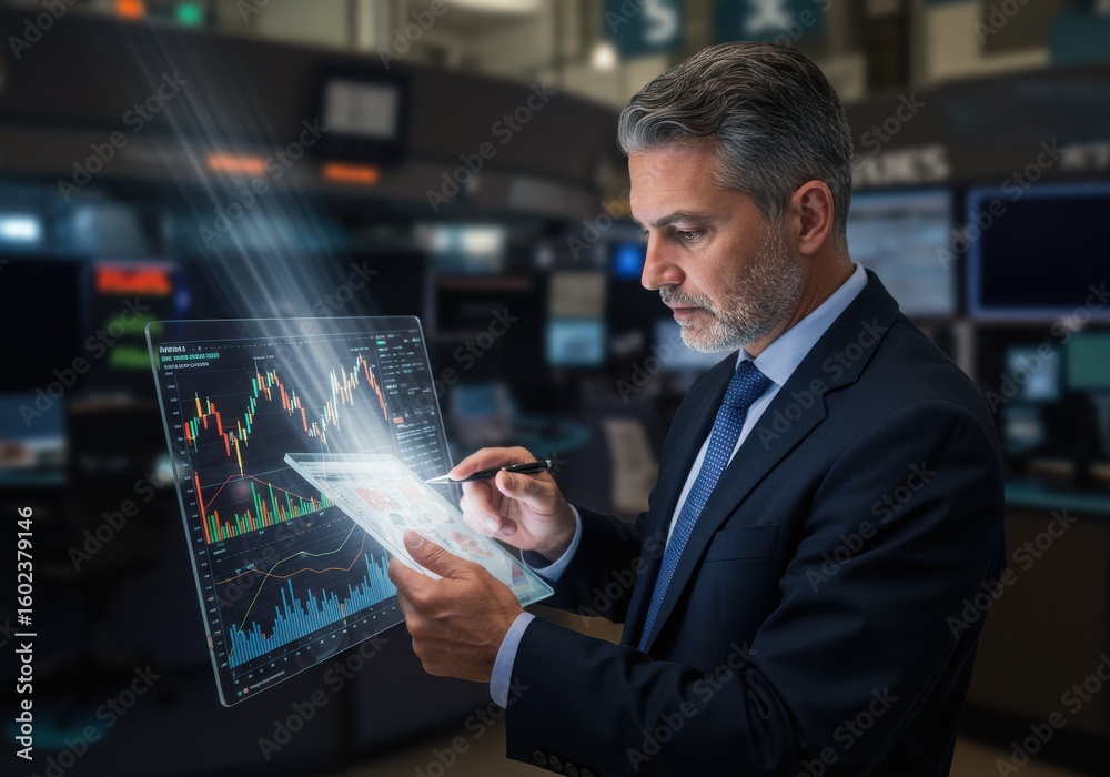 Fototapeta premium Financial Analyst Using Holographic Stock Market Data in Trading Room
