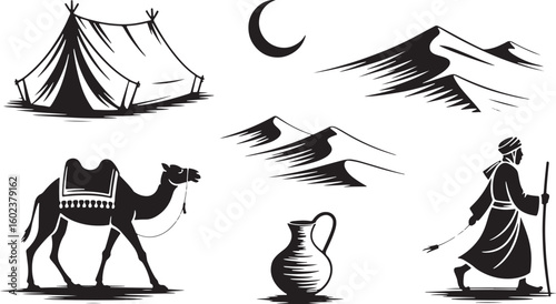 Desert scene with tent camel man moon and dunes vector