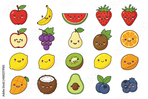 Collection of cute kawaii fruits with happy faces and expressive eyes