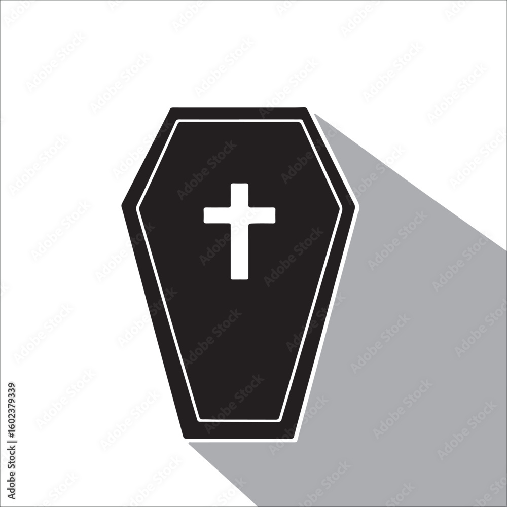Obraz premium Black coffin icon with white cross and shadow
