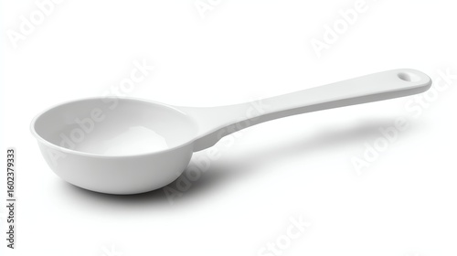 plastic measuring scoop, elevated single object, soft natural shadow, photorealistic mockup style, clean white setting