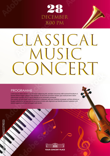 Classical music concert, festival, contest advertising poster template. Stylized music notes, violin, piano keys, five lines stave, treble clef. 