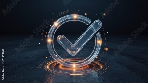 Futuristic Glass Checkmark Symbol with Glowing Lights on Dark Background