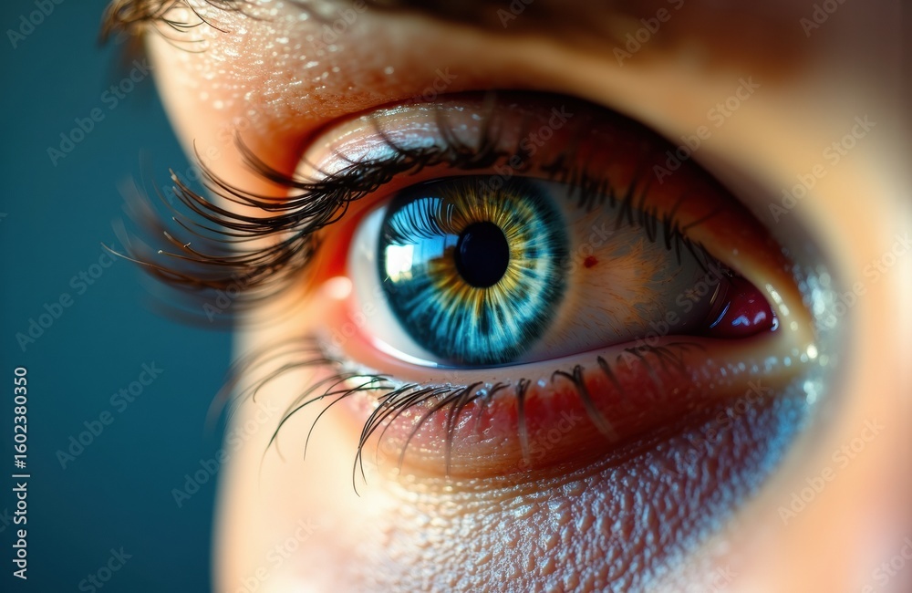Fototapeta premium Close-up of a human eye with vibrant blue and green iris, detailed eyelashes, and moist surface, highlighting eye anatomy and color