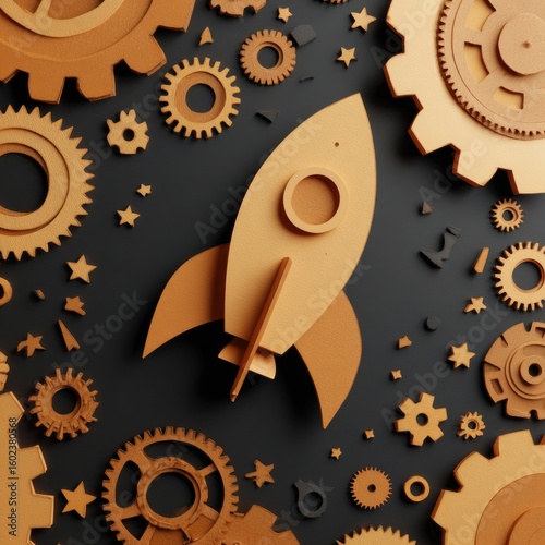 A tan rocket ship amidst scattered cogs and stars on a dark background, symbolizing innovation and progress