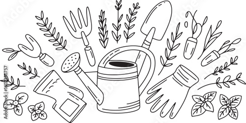 Gardening tools and plants illustration watering can trowel