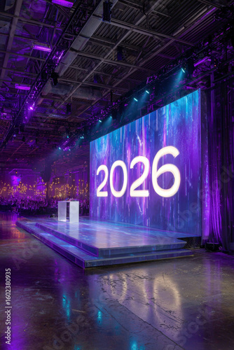 Futuristic event stage with glowing digital screen and large luminous 2026 projection
